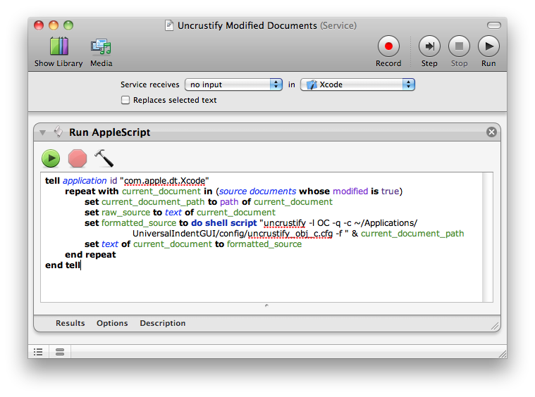The "uncrustify modified documents" service in Automator