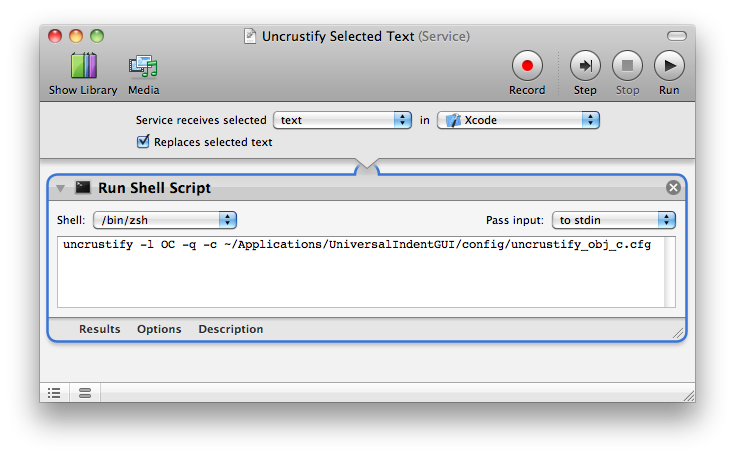 The "uncrustify selected text" service in Automator